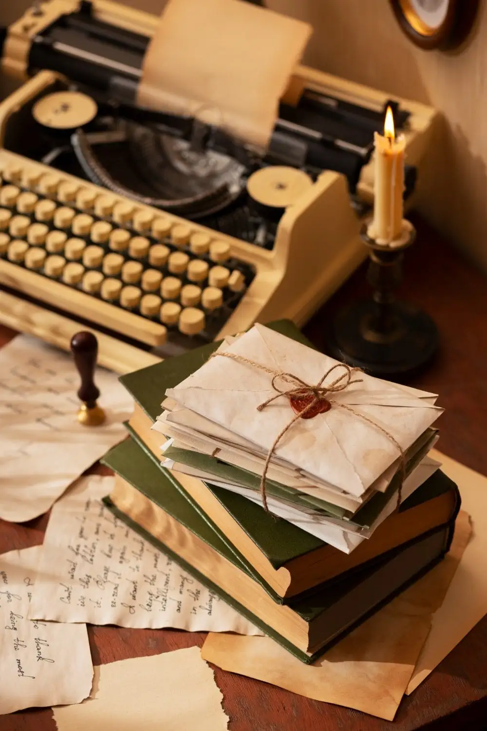 Goldenish yellow typewriter, a candle, some letters and books.